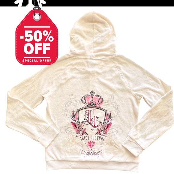 Juicy Couture Y2K Track Top Hoodie Vintage Cream Pink Gold Embellished Crystals - Picture 15 of 15